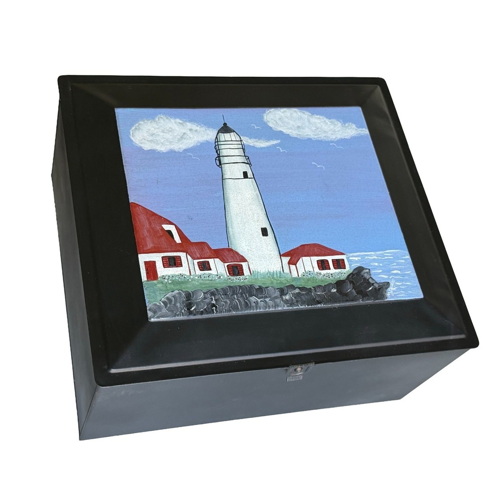 Tin Storage Box Lighthouse Painted On Lid Black Keepsake Treasures 12.375" x 11"